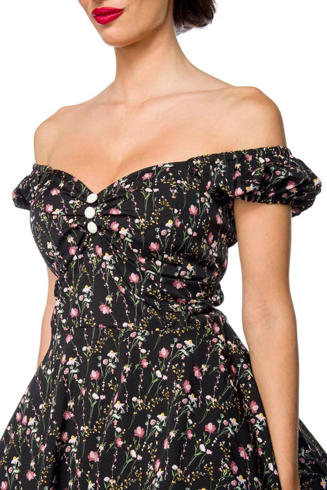 Цветочное ретро-платье с открытыми плечами