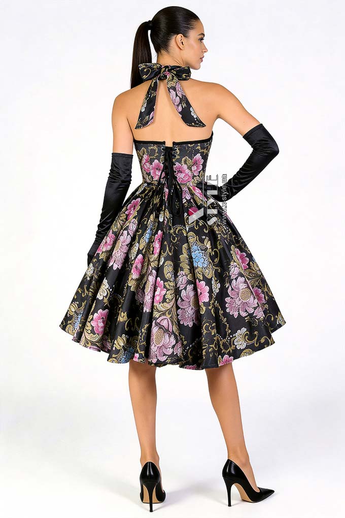 Винтажное вечернее платье из парчи с корсетом и цветочным узором