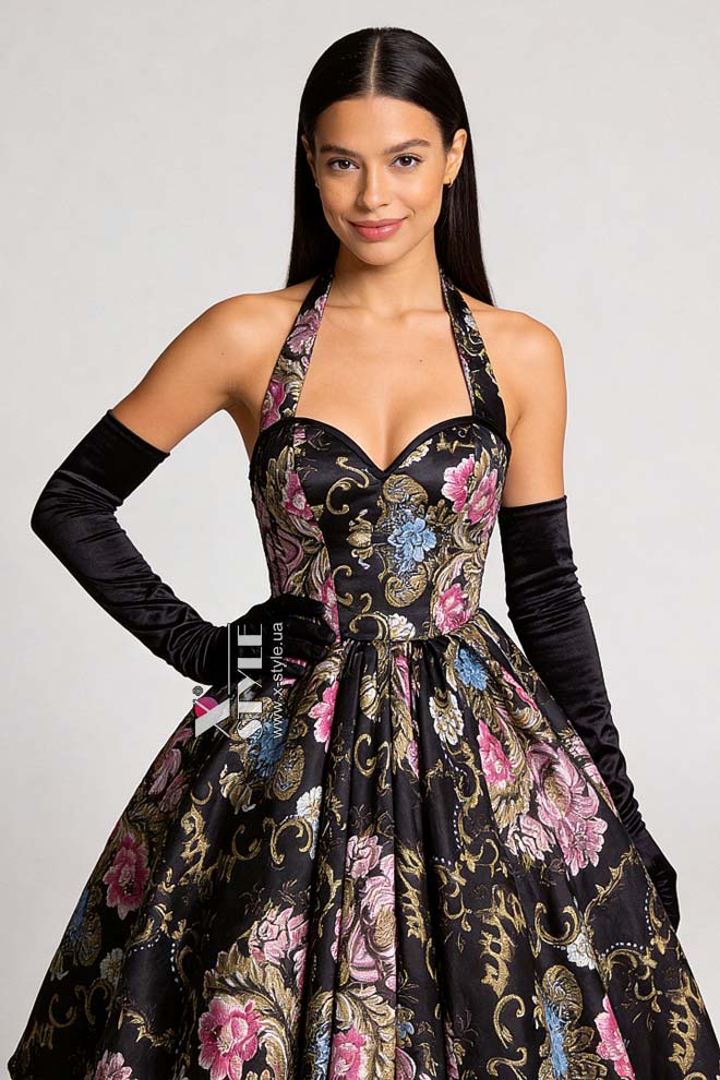 Винтажное вечернее платье из парчи с корсетом и цветочным узором