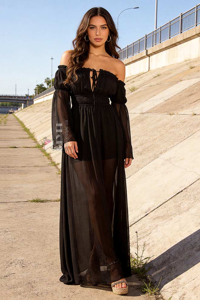 Довга чорна літня сукня з вирізом "кармен"