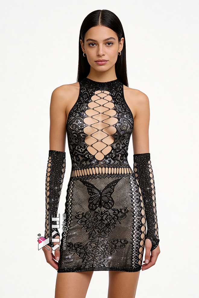 Откровенное ажурное платье и перчатки с блестками (127192)