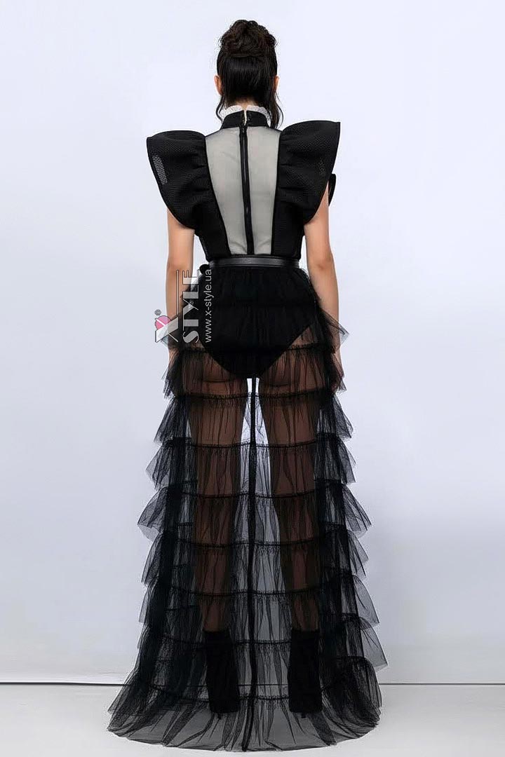 Длинная черная накладная юбка-шлейф X72171